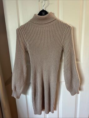 Ribbed Turtleneck Sweater Dress - Beige